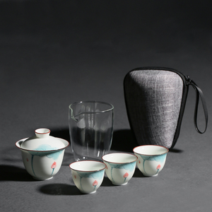 手绘荷花盖碗一壶三杯旅行茶具便携快客杯陶瓷功夫小套装
