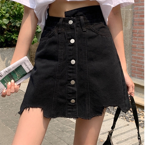 黑色半身牛仔短裙女夏季高腰显瘦不规则大码胖mm设计感小众a字裙