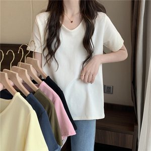 韩版v领t恤上衣女装2024新款爆款短袖宽松纯色体恤设计感小众夏季