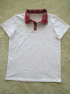 夏季 棉质 白短袖红格领子 纯白 中小学生校服 休闲宽松T恤