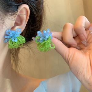 彩色串珠小清新耳环花朵时尚百搭小众设计水晶玻璃珠耳饰森系耳钉