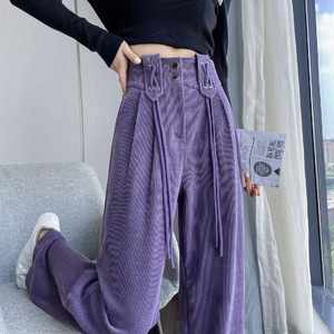 设计感高级紫色欧棉绒阔腿裤女秋冬系带休闲裤今年流行雪尼尔裤子