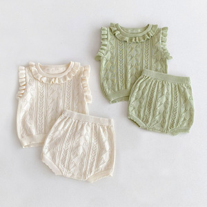 韩版婴儿衣服夏装薄款女宝宝女童针织毛线花边领上衣短裤公主套装