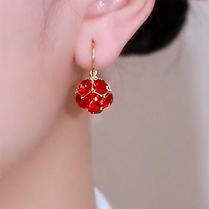 红色锆石法式耳扣轻奢耳环气质满钻耳钉高级感时尚新年简约耳饰女