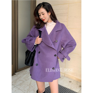 elegant rose双面羊绒大衣女紫色2021新款小个子中长款毛呢外套潮