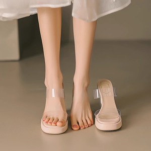 香港透明高跟鞋子2024年夏季新款粗跟裸色厚底水晶凉鞋拖鞋女外穿