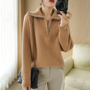 重磅100%澳洲纯羊毛女士加厚半高领拉链针织羊绒衫元宝针翻领毛衣