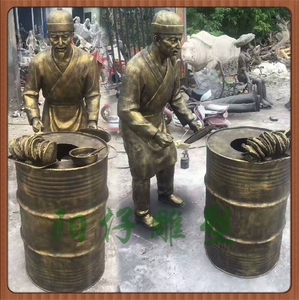民间传统打烧饼玻璃钢雕塑卖红薯的老者仿铜雕像民俗风小吃摆件