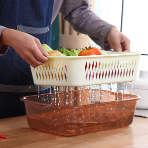 家用双层沥水篮塑料洗菜盆厨房水槽果疏洗菜蓝加厚带盖防尘淘菜篮