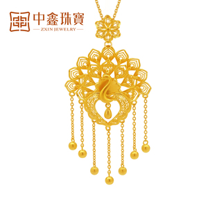 黄金项链女古法花丝凤凰吊坠足金999项链婚嫁送礼孔雀流苏金项链
