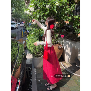法式波点红色吊带连衣裙女夏季气质蕾丝花边收腰显瘦A字裙长裙