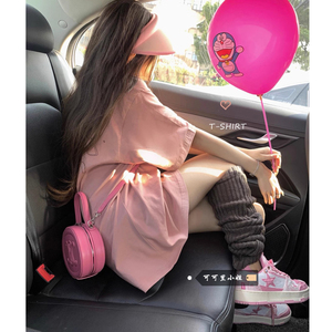 美式印花粉色短袖T恤女夏季2024新款韩系休闲宽松中长款chic上衣