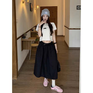 韩系套装女夏季设计感蝴蝶结针织短袖T恤高腰A字蓬蓬半身裙两件套