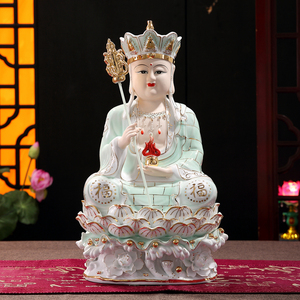 聚缘佛堂 玉瓷水座龙泉地藏王菩萨 娑婆三圣地藏菩萨陶瓷佛像摆件