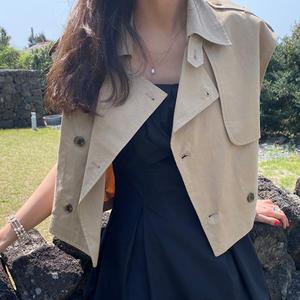 韩国chic夏季复古百搭纯色系扣设计感小众宽松短款风衣马甲外套女