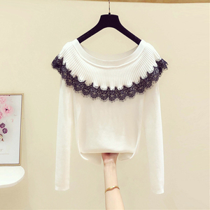 蕾丝花边拼接一字领针织衫女长袖2021秋季新品洋气修身薄款毛衣