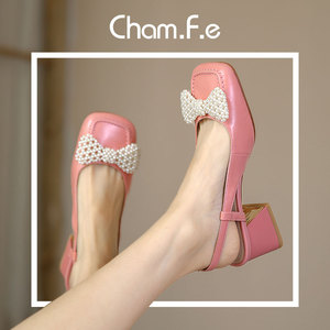 粉色珍珠蝴蝶结包头凉鞋女真皮粗跟女鞋子夏季新款方头中跟鞋024S