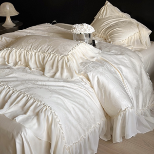 高级感法式蕾丝边四件套纯棉100支全棉贡缎提花被套床单床上用品