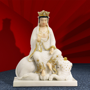 三漫陀汉白玉手工贴金普贤菩萨像室内供佛文殊普贤菩萨佛像摆件