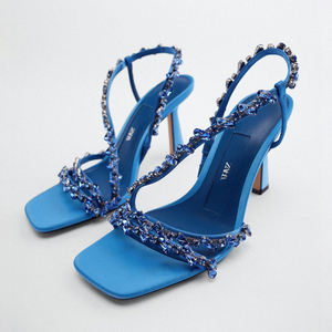 ZA2022年夏季新款女鞋蓝色串珠带饰仙女气质方头高跟鞋细跟凉鞋女