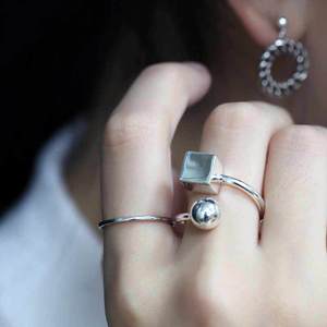 韩版S925纯银戒指女简约不对称圆珠球方形开口个性学生食指戒指环