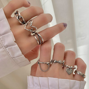 韩版S925银个性绳结镂空爱心戒指女复古时尚叠戴链条开口食指环潮