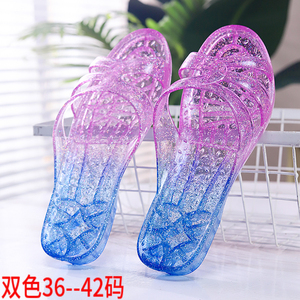 双色水晶拖鞋女透明塑胶料果冻低跟夏季天韩版室内居家用