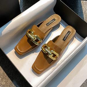 fast fashion 韩版包头半拖鞋女鞋一脚蹬粗跟外穿链条凉拖