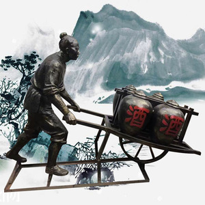 古代推车人物雕像 老汉推独轮车拉货民俗农耕雕塑 复古铜色卖酒人