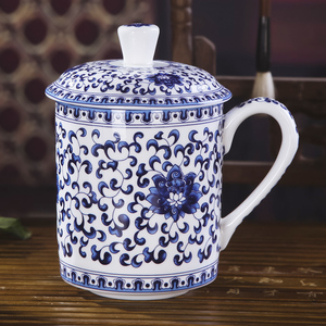 景德镇茶杯陶瓷带盖大号骨瓷茶杯会议杯 水杯子青花茶具