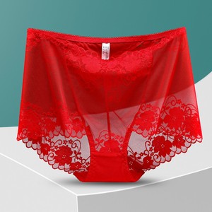 新年大红色本命年薄款蕾丝诱惑高腰大码内裤女性感镂空无痕三角裤