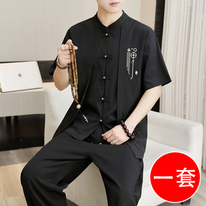 中式唐装假两件衬衫男短袖夏季中国风套装立领衬衣大码盘扣茶禅服