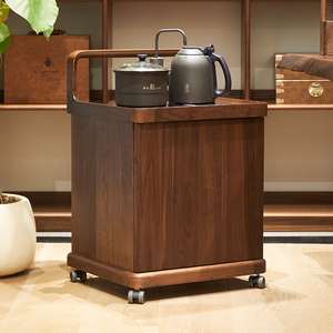北美黑胡桃木可移动茶桌边柜小茶吧机一体柜中式实木烧水柜茶水柜