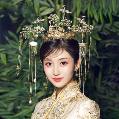 新款中式新娘头饰金色大凤冠潮古装头冠古风仙鹤敬酒服汉服配饰品