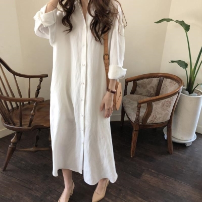 长袖连衣裙女2020春秋新款宽松休闲棉麻过膝衬衫裙长款百搭衬衣