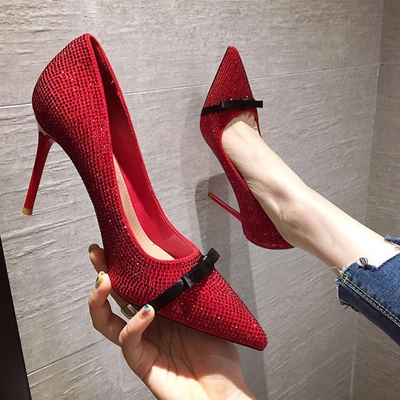 韩国名媛水钻高跟鞋女2020新款仙女风细跟单鞋秋百搭性感红色婚鞋
