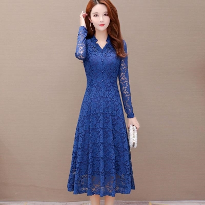 蕾丝中长款连衣裙女2020春季新款女装裙子时尚修身长袖女士a字