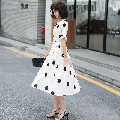 夏法式复古女装喇叭袖白色波点群系腰带修身长裙短袖连衣裙连衫裙