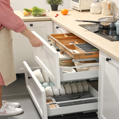 意驰304不锈钢厨房橱柜内碗架餐具收纳置物架双层抽屉式碗碟拉篮