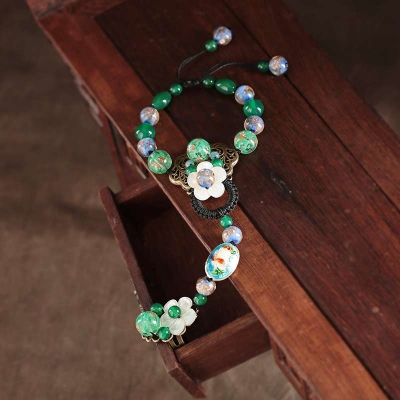 古风手链连戒指一体链琉璃景泰蓝装饰品汉服中国风手背链女