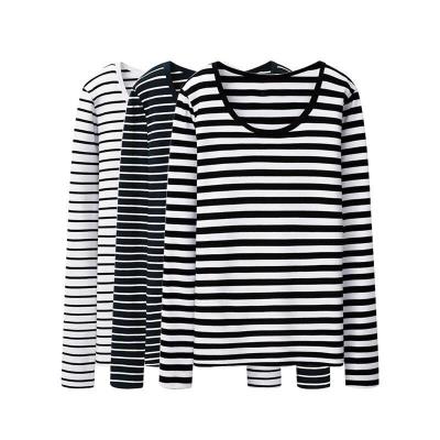 莫代尔黑白条纹打底衫女长袖t恤修身低圆领原宿t上衣百搭大码体恤