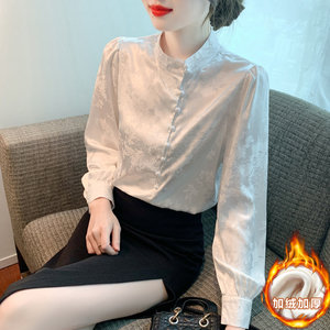 新中式复古立领提花长袖衬衫女秋冬加绒设计感钉珠气质打底上衣服