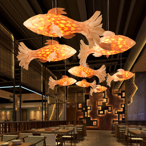 中式鱼形吊灯餐厅复古装饰艺术鲤鱼木艺工程定制大厅火锅店大吊灯