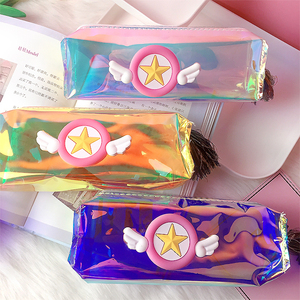 ins少女镭射笔袋透明流沙铅笔盒简约炫彩便携办公文具防水文具袋