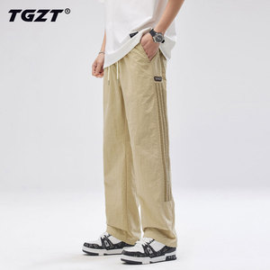 TGZT侧边条纹休闲裤男夏季薄款裤子大码宽松直筒三条杠冰丝速干裤
