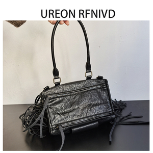 Ureon Rfnivd小众牛皮极简风软皮手提方包盒子包时尚百搭黑色女包