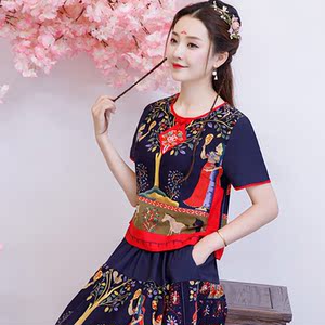 民族风女装复古两件套装裙时尚中国风棉麻休闲半袖女上衣大码胖mm