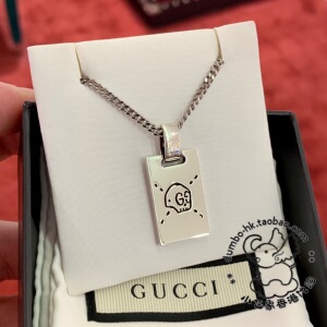 gucci古驰古奇 纯银 ghost小精灵 骷髅头 长方形吊坠 项链 55cm