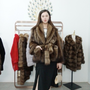 进口加拿大渔貂皮草外套女整貂短款收腰系腰带款