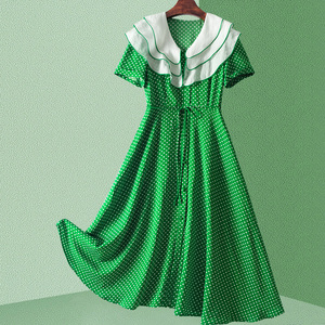 法式绿色娃娃领连衣裙夏季女装2022年新款雪纺波点裙子御姐轻熟风